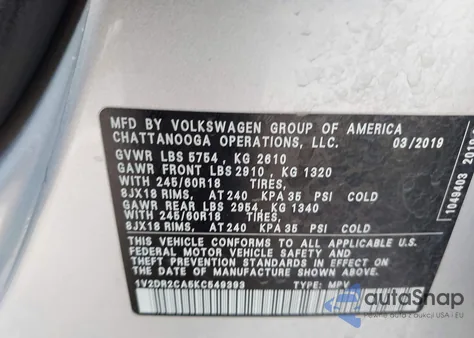 2019 Volkswagen Atlas 3.6L V6 Se from USA, damaged, VIN 1V2DR2CA5KC549393